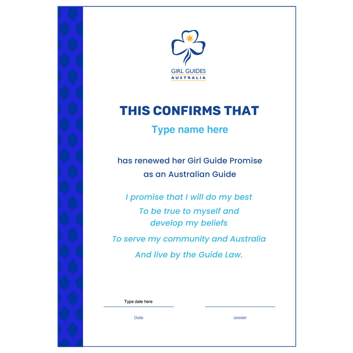Promise Certificate Renewal Girl Guides Noone
